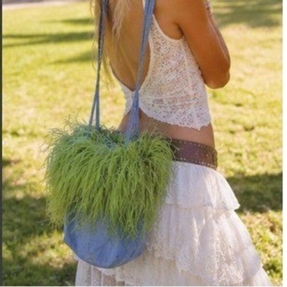 Vintage Y2K Ostrich Feather Flamingo Blue Tote Bag Purse Green Reversible Boho